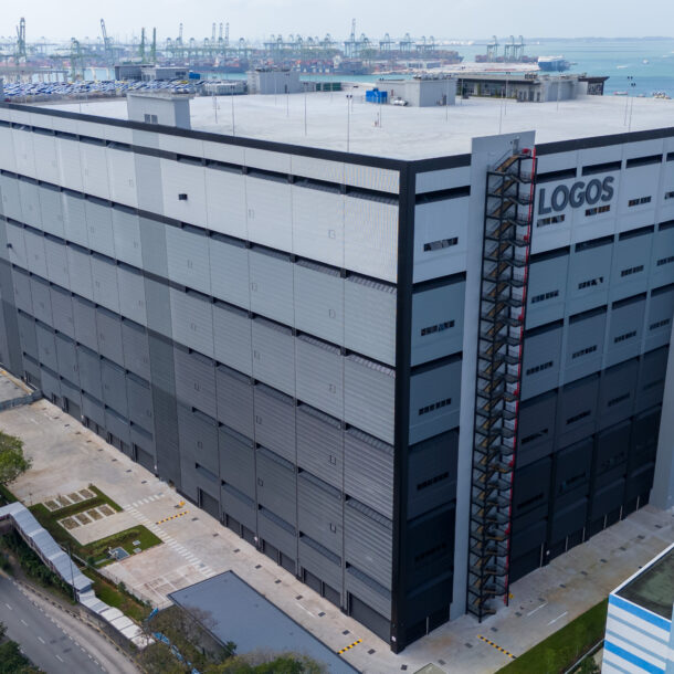 Aerial drone photograph of a warehouse construction site built by Weima Builders, Singapore